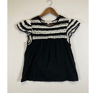 Loft Crochet Yoke Flutter Sleeve Top Womens LP Black White Striped Cotton